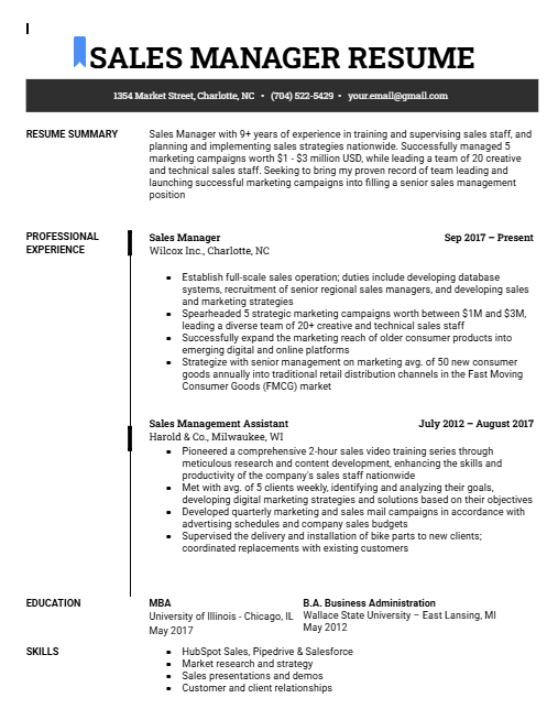 Sales Manager Resume Example Free Download ivorylearn.com